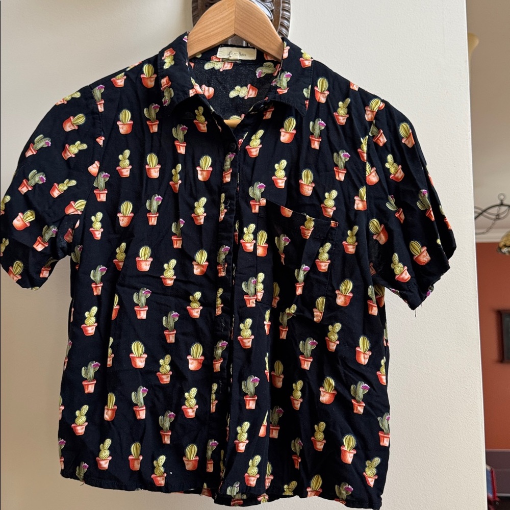 Love Notes Cactus Print Black Button-Up Shirt
